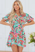 Green Abstract Print Lace-up High Waist Buttoned Mini Dress